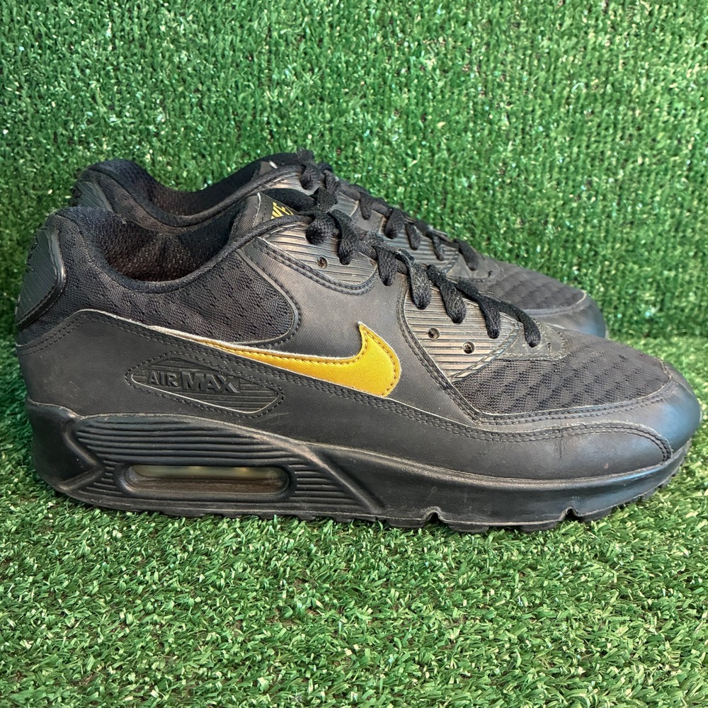 Nike Air Max 90 Essential Leather Mesh Athletic Sneaker Black Gold Mens Size 8.5